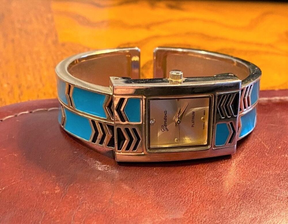 Women's 20mm Gold Tone Geneva Platinum Watch, Black and Green Accents